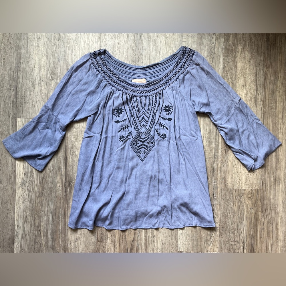 Let Them Eat Cake Embroidered Blue Flowy 3/4 Sleeve Top XS
